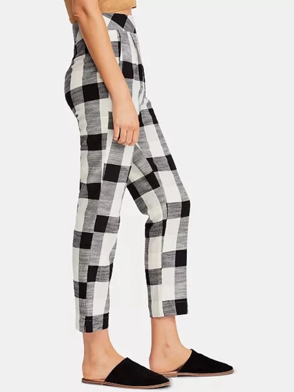 Free People Gingham Plaid Cropped Pants L NWT High Rise Pull-On Black White - Picture 6 of 7